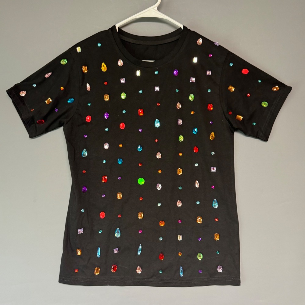 Black Short Sleeve T-Shirt Multi-Color Rhinestone Faux Gem Embellished Top
